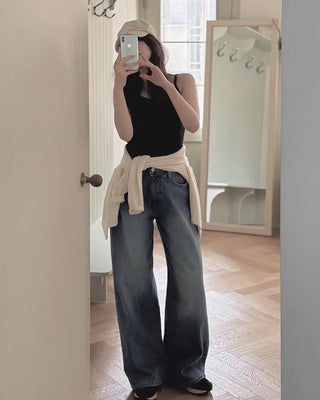 (short/basic/long) Two-button wide denim pants