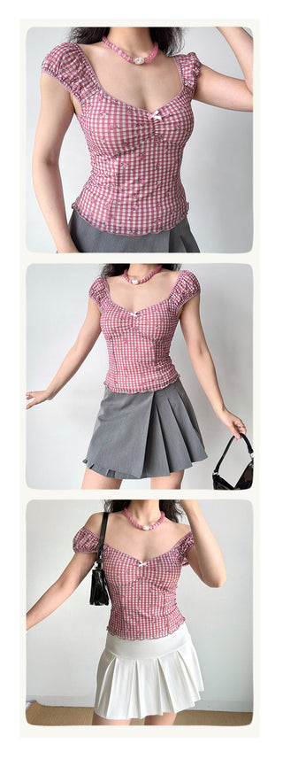 plaid puff Top