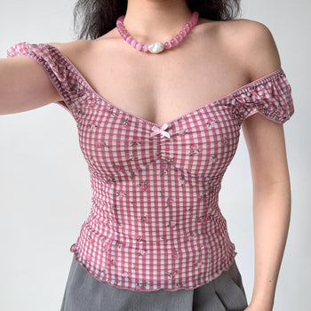 plaid puff Top