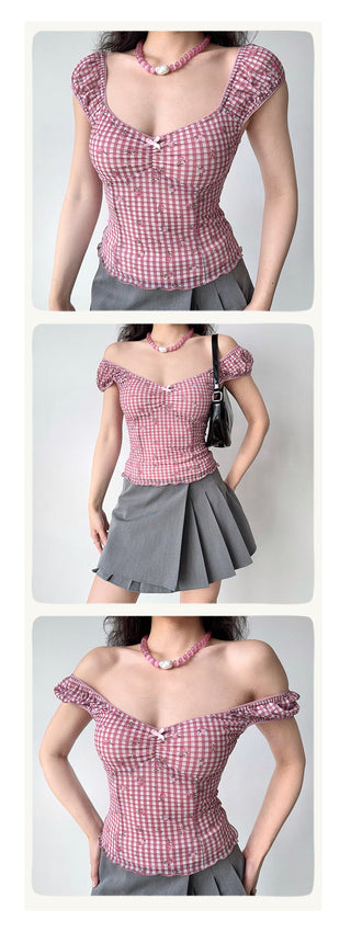 plaid puff Top