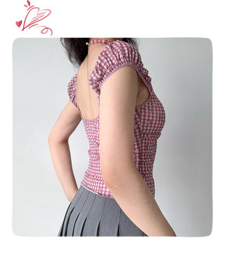 plaid puff Top