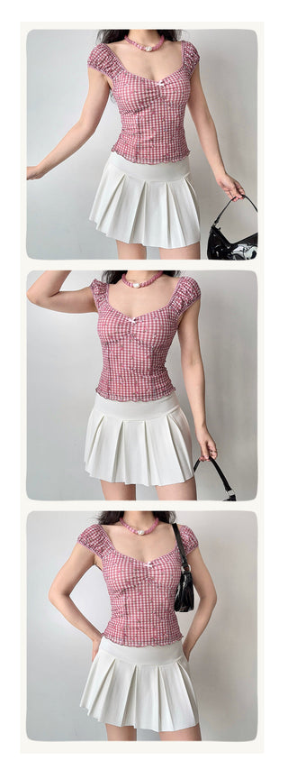 plaid puff Top