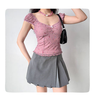 plaid puff Top