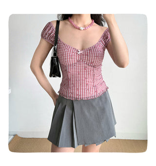 plaid puff Top