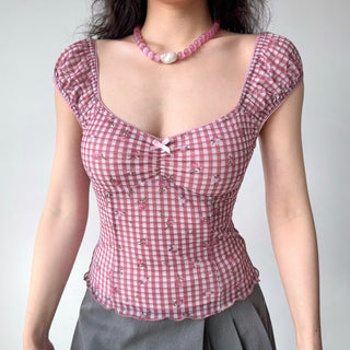 plaid puff Top