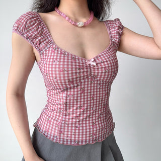 plaid puff Top