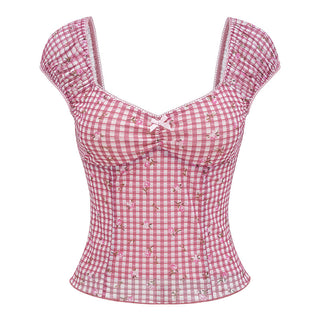 plaid puff Top