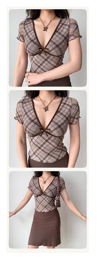plaid V-neck crop