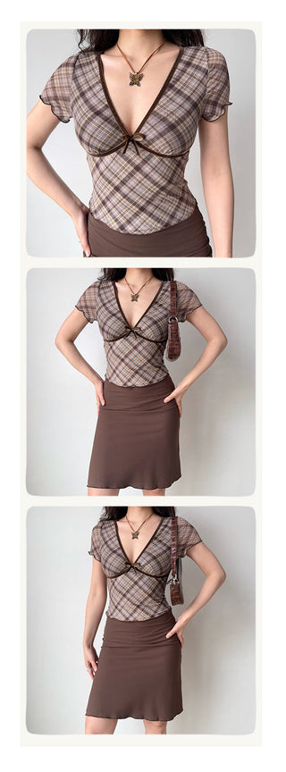 plaid V-neck crop