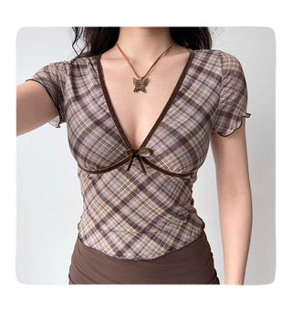 plaid V-neck crop