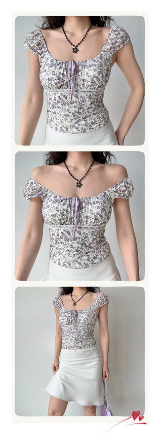 floral U-collar top