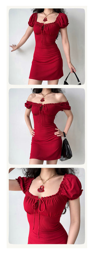 red puff dress