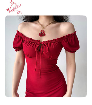 red puff dress