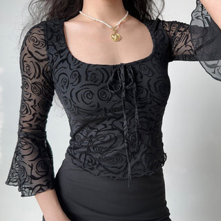 Black flower flared sleeve mesh top