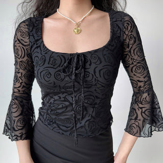 Black flower flared sleeve mesh top