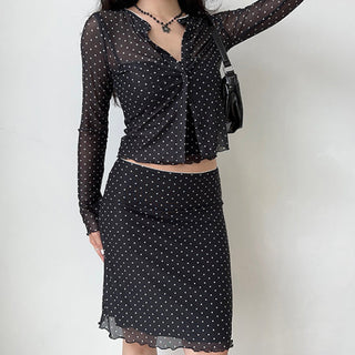 Polka Dot Cardigan Skirt Suit