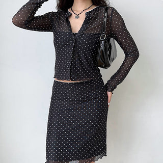 Polka Dot Cardigan Skirt Suit