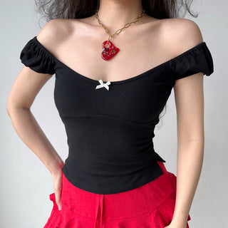 Bow ribbed puff sleeve slim fit top