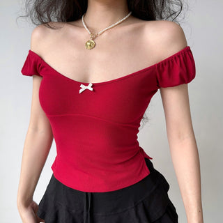 Bow ribbed puff sleeve slim fit top