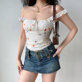 Flower print chest strap camisole crop top