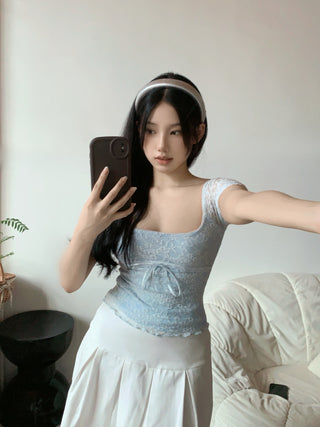 Hollow lace square collar crop top