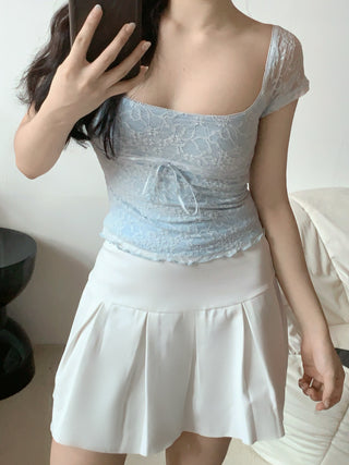 Hollow lace square collar crop top