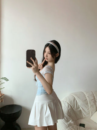 Hollow lace square collar crop top