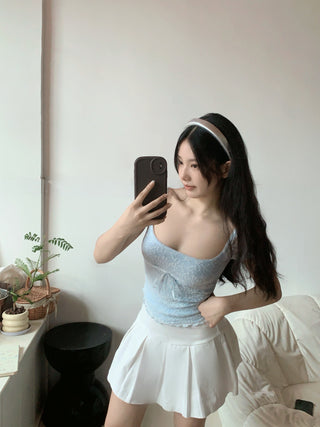 Hollow lace square collar crop top