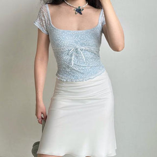 Hollow lace square collar crop top