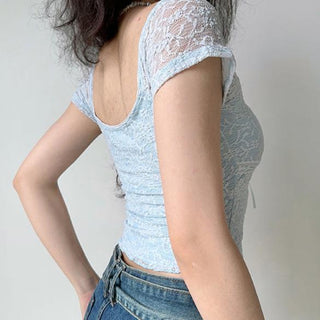Hollow lace square collar crop top