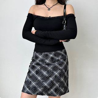 Lace stitching one-shoulder slim crop top