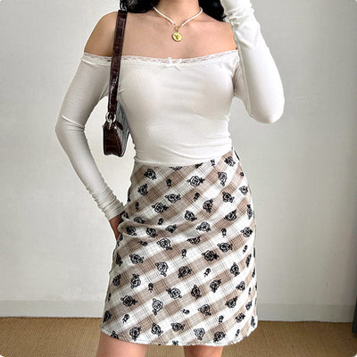 Lace stitching one-shoulder slim crop top