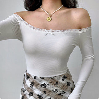 Lace stitching one-shoulder slim crop top