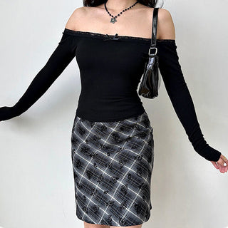 Lace stitching one-shoulder slim crop top