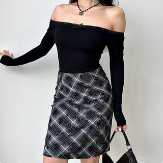 Lace stitching one-shoulder slim crop top