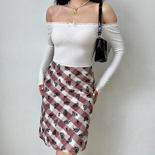 Lace stitching one-shoulder slim crop top