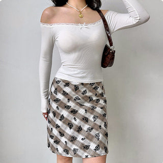 Lace stitching one-shoulder slim crop top