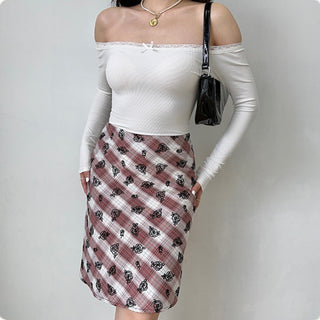 Flower embroidery plaid high waist skirt