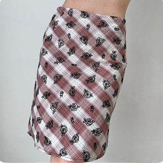 Flower embroidery plaid high waist skirt