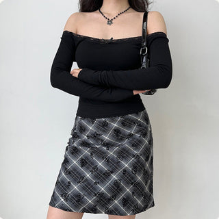 Flower embroidery plaid high waist skirt