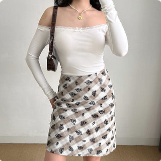 Flower embroidery plaid high waist skirt