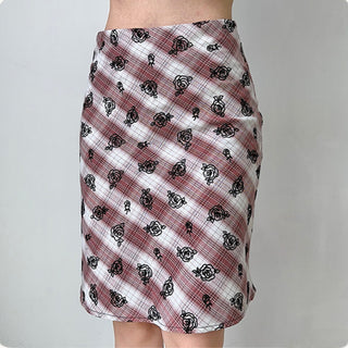 Flower embroidery plaid high waist skirt