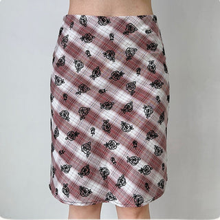 Flower embroidery plaid high waist skirt