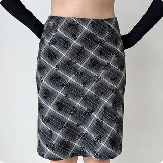 Flower embroidery plaid high waist skirt
