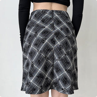 Flower embroidery plaid high waist skirt