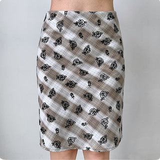 Flower embroidery plaid high waist skirt