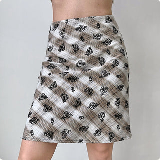 Flower embroidery plaid high waist skirt