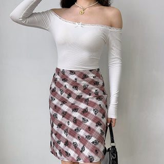 Flower embroidery plaid high waist skirt