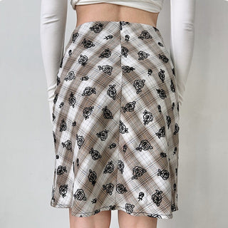 Flower embroidery plaid high waist skirt