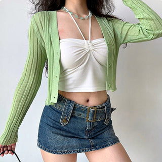 Knitted cardigan & long-sleeved crop top